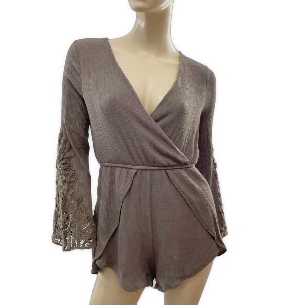 Haute Monde- Army Green V Neck Romper with Lace sleeves- M